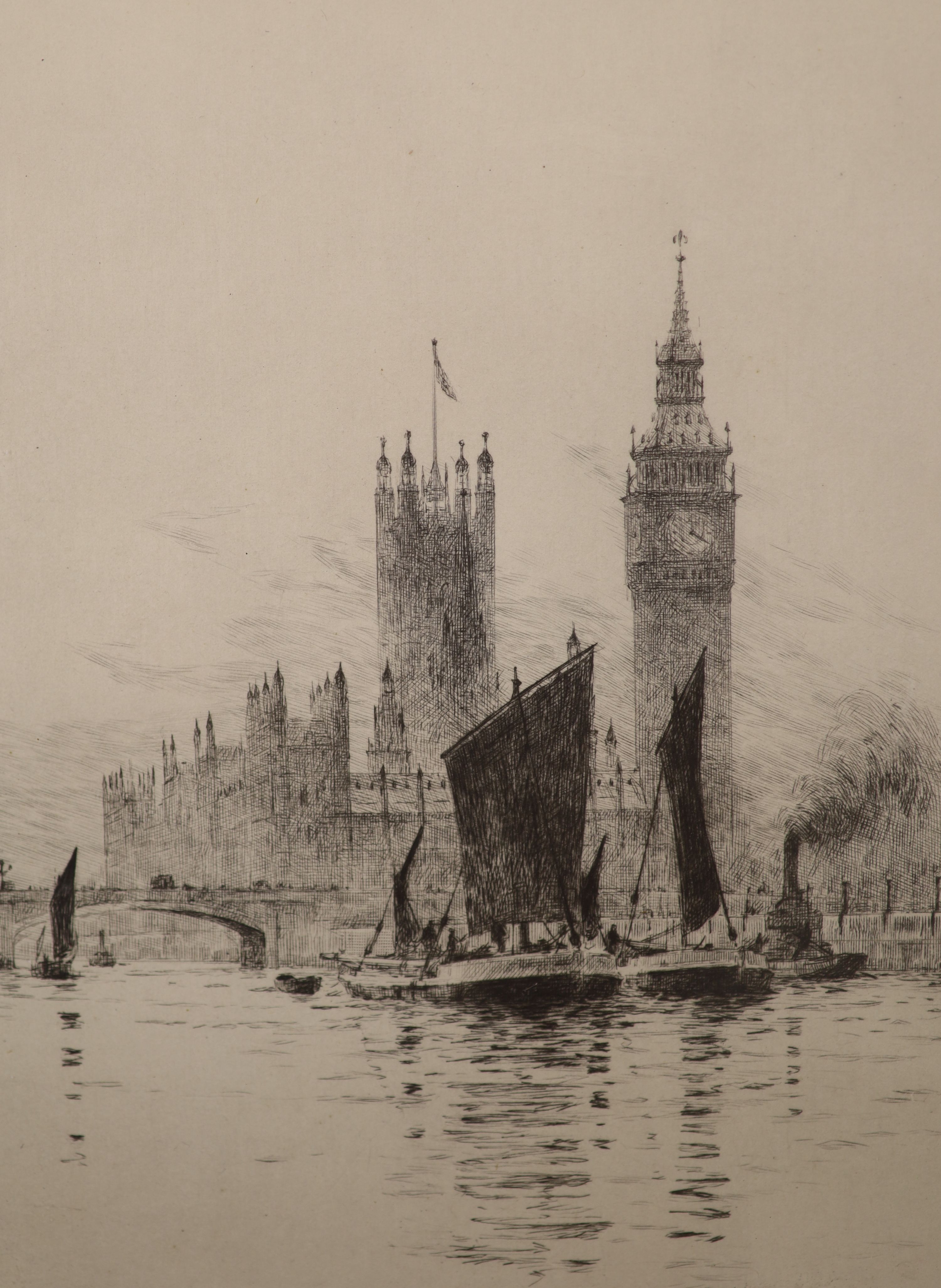 Rowland Langmaid (1897-1956), etching, Sail barges before The Houses of Parliament, signed in pencil, 20 x 15cm